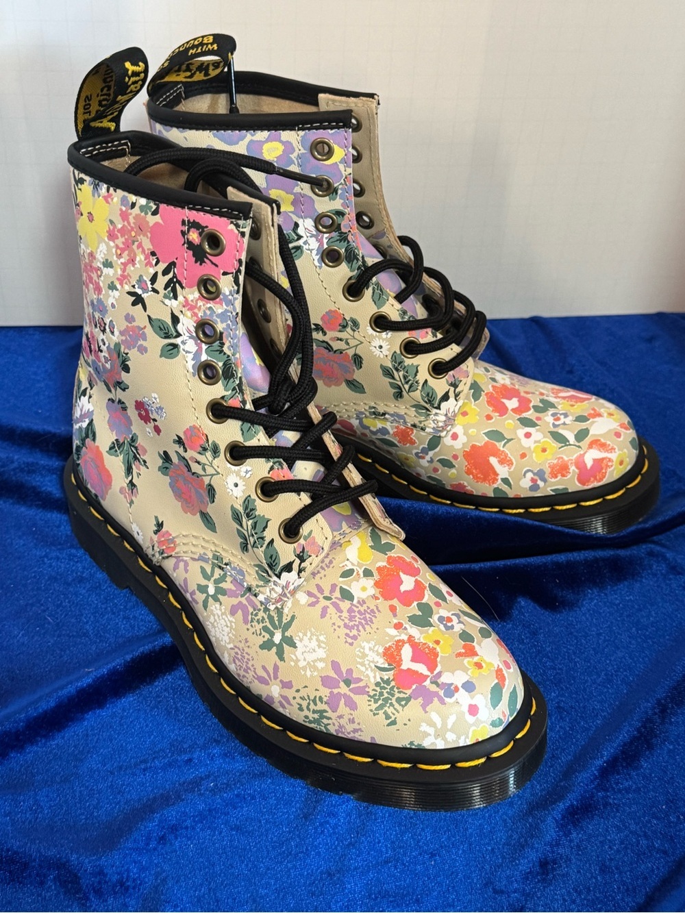 Dr. Martens 1460 Floral Mash Up Leather Lace-Up Boots in Cream